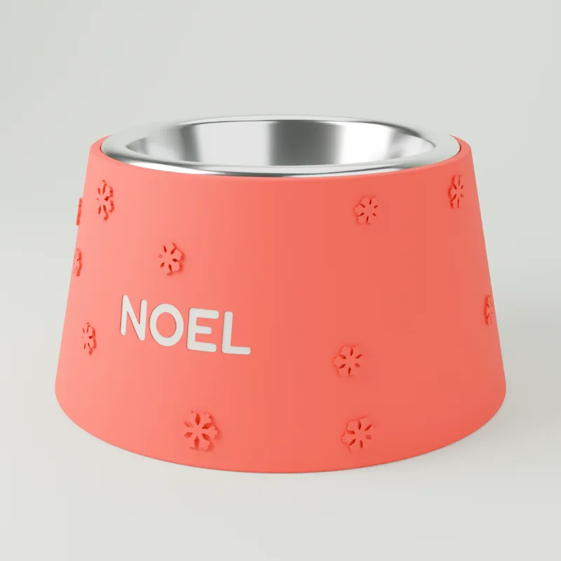 Comedero rojo de Navidad con copos de nieve y el nombre Noel